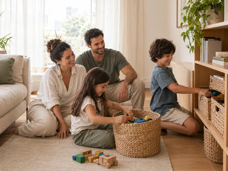 Família guardando brinquedos em cestos na sala