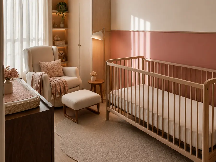 Quarto de bebê com meia-parede rosa e marcenaria